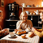 **Prompt:** A cozy "fika" scene in a retro-styled Swedish home, showcasing a vintage coffee machine and happy friends enjoying pastries. Warm nostalgic lighting. Focus on the emotional connection and "mysigt" atmosphere.