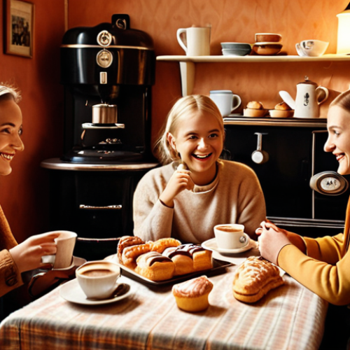 **Prompt:** A cozy "fika" scene in a retro-styled Swedish home, showcasing a vintage coffee machine and happy friends enjoying pastries. Warm nostalgic lighting. Focus on the emotional connection and "mysigt" atmosphere.