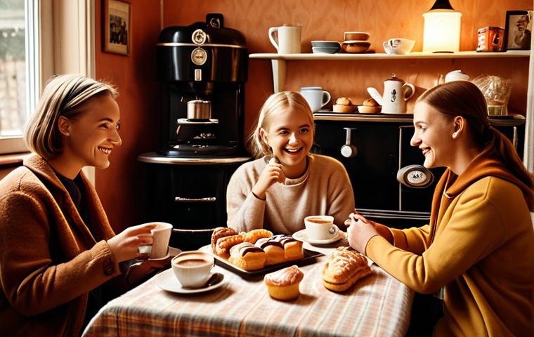 **Prompt:** A cozy "fika" scene in a retro-styled Swedish home, showcasing a vintage coffee machine and happy friends enjoying pastries. Warm nostalgic lighting. Focus on the emotional connection and "mysigt" atmosphere.