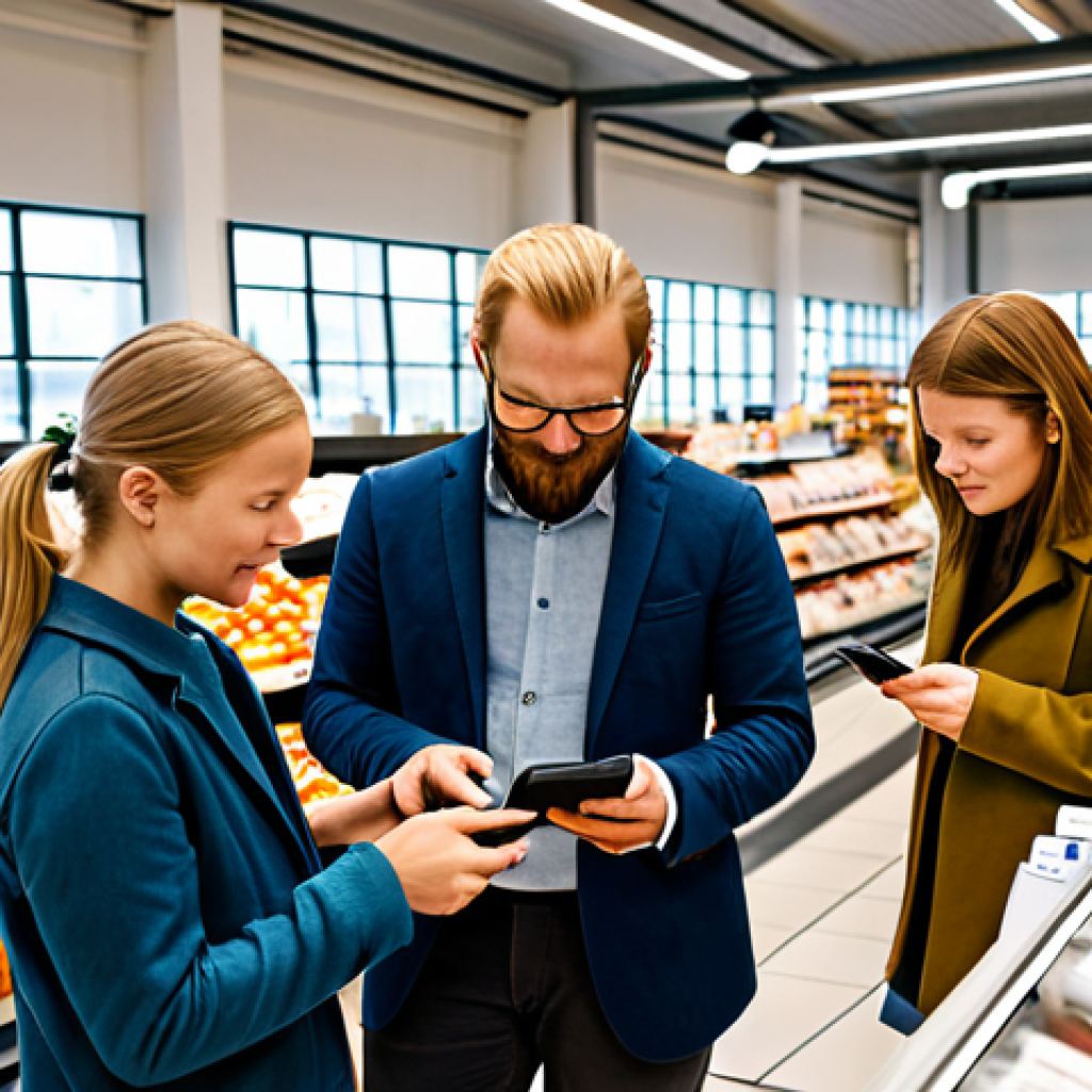 **
"A diverse group of Swedish consumers browsing products in a modern, light-filled market hall, fully clothed, appropriate attire, safe for work. Some are reading labels carefully, others are comparing prices on their smartphones. Focus on the natural light, creating a sense of transparency. Emphasize conscious consumerism, with visible sustainable product options. Perfect anatomy, correct proportions, natural pose, professional photography, high quality, family-friendly."
**