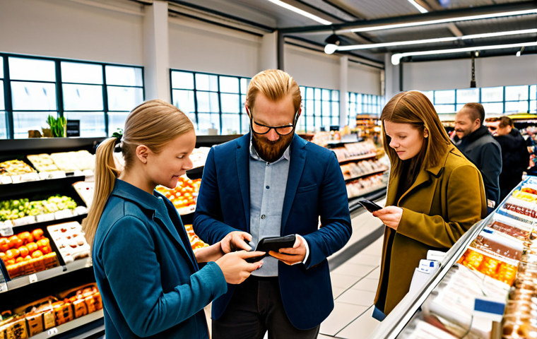 **
"A diverse group of Swedish consumers browsing products in a modern, light-filled market hall, fully clothed, appropriate attire, safe for work. Some are reading labels carefully, others are comparing prices on their smartphones. Focus on the natural light, creating a sense of transparency. Emphasize conscious consumerism, with visible sustainable product options. Perfect anatomy, correct proportions, natural pose, professional photography, high quality, family-friendly."
**