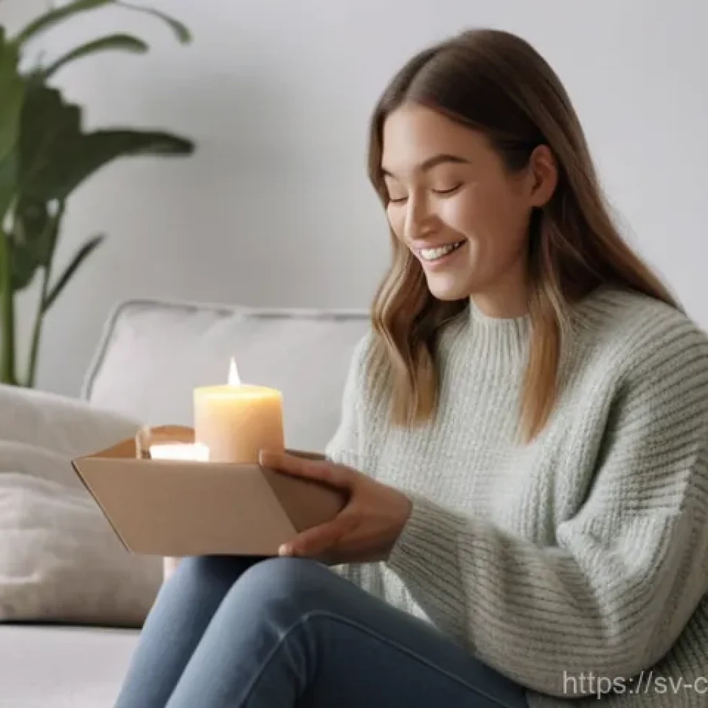 소비자 의사결정과 감정 - A warm and inviting scene inside a minimalist Scandinavian apartment. A young woman in her mid-20s, ...