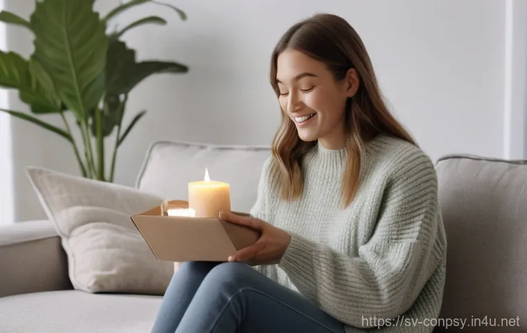 소비자 의사결정과 감정 - A warm and inviting scene inside a minimalist Scandinavian apartment. A young woman in her mid-20s, ...