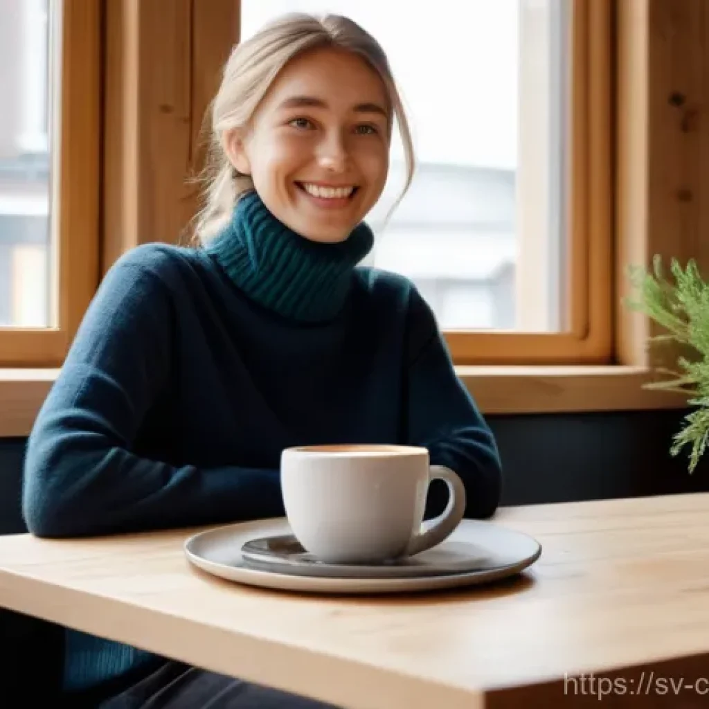 행동경제학과 감정 경제학의 융합 - A cozy, inviting scene inside a modern Swedish cafe. A young adult, dressed in a stylish but modest ...