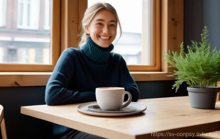 행동경제학과 감정 경제학의 융합 - A cozy, inviting scene inside a modern Swedish cafe. A young adult, dressed in a stylish but modest ...
