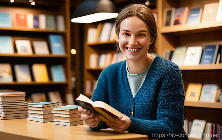 브랜드 이미지와 감정 경제학 - A warm and inviting scene inside a charming, independent Swedish bookstore. A young adult, casually ...