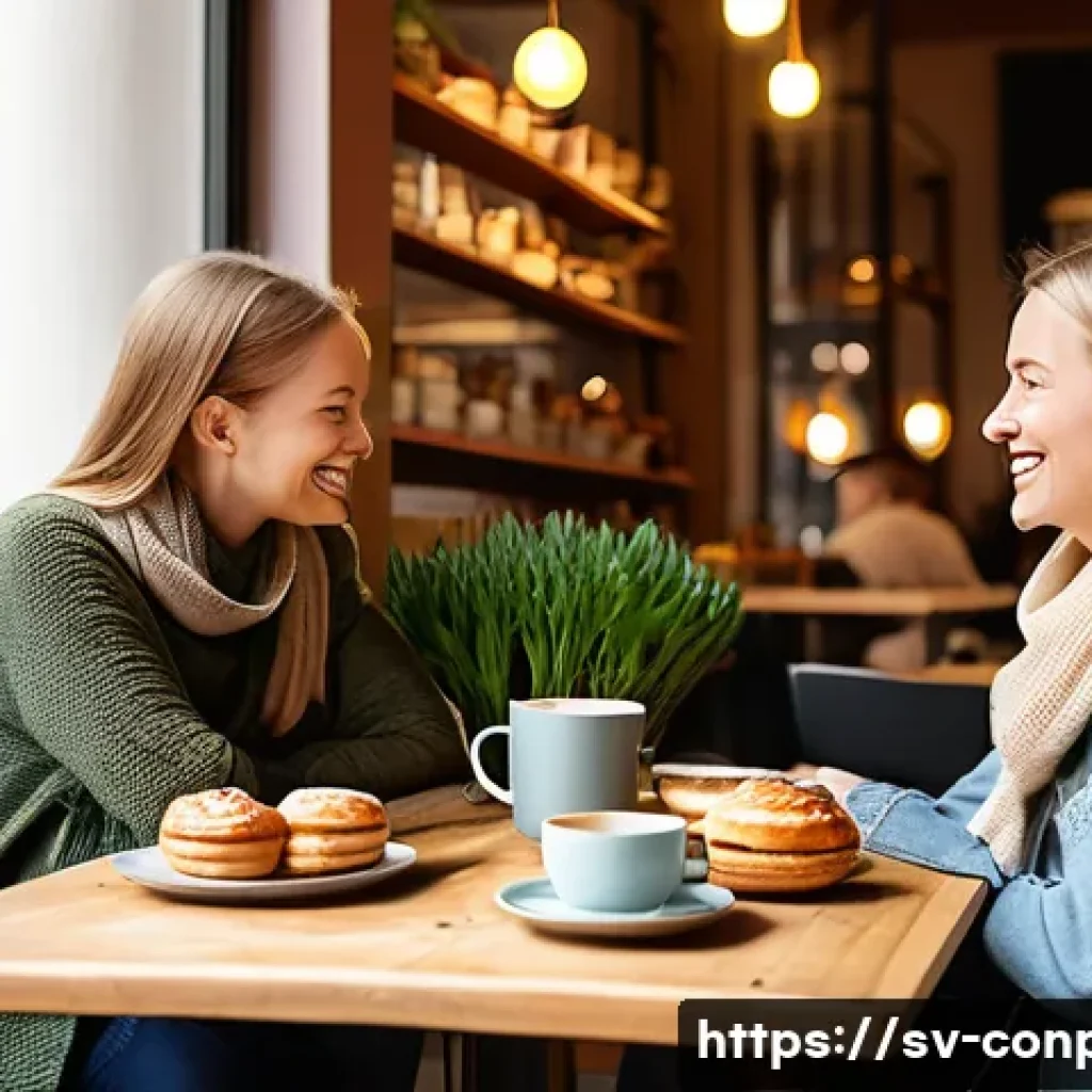 감정적 구매 결정 과정 - Cozy Swedish Fika Gathering**
**Prompt:** A vibrant, high-angle shot of three diverse friends (two w...