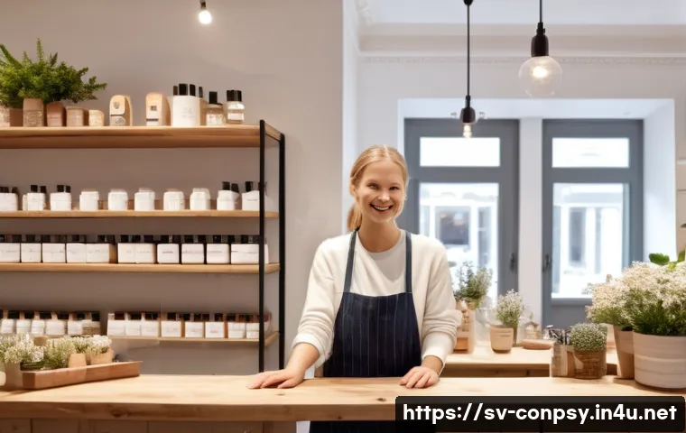감정적 경험과 고객 충성도 - A warm and inviting small Swedish boutique shop interior, featuring cozy wooden shelves filled with ...
