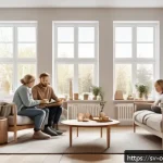 Home 21 감정적 구매 의사결정 요소 - A cozy Scandinavian living room scene with a family gathered around a warm fireplace, illustrating e...