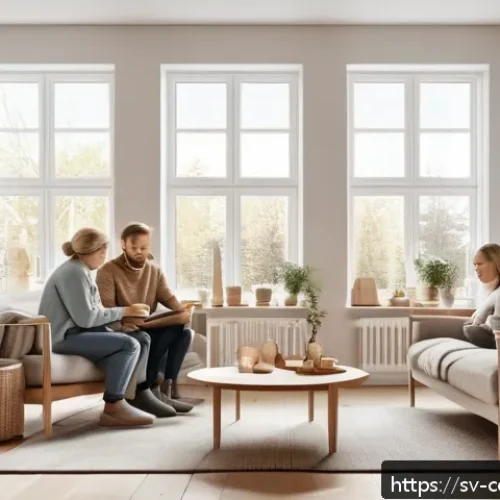 Home 33 감정적 구매 의사결정 요소 - A cozy Scandinavian living room scene with a family gathered around a warm fireplace, illustrating e...