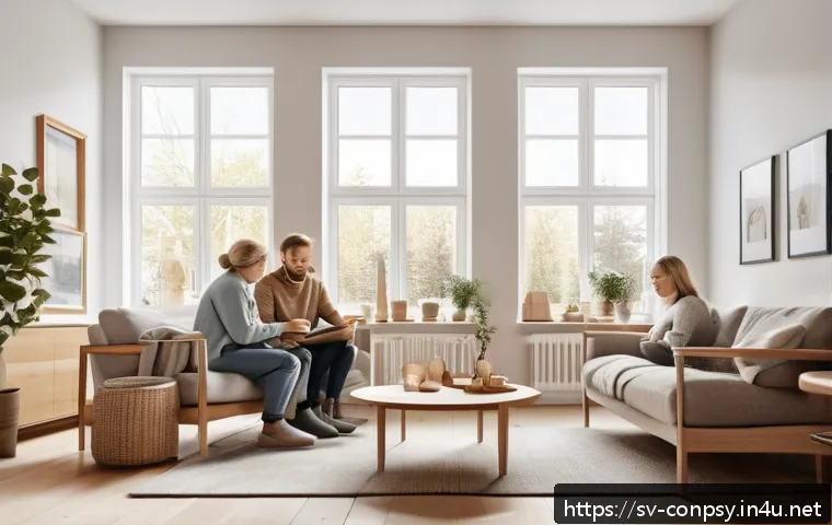 감정적 구매 의사결정 요소 - A cozy Scandinavian living room scene with a family gathered around a warm fireplace, illustrating e...