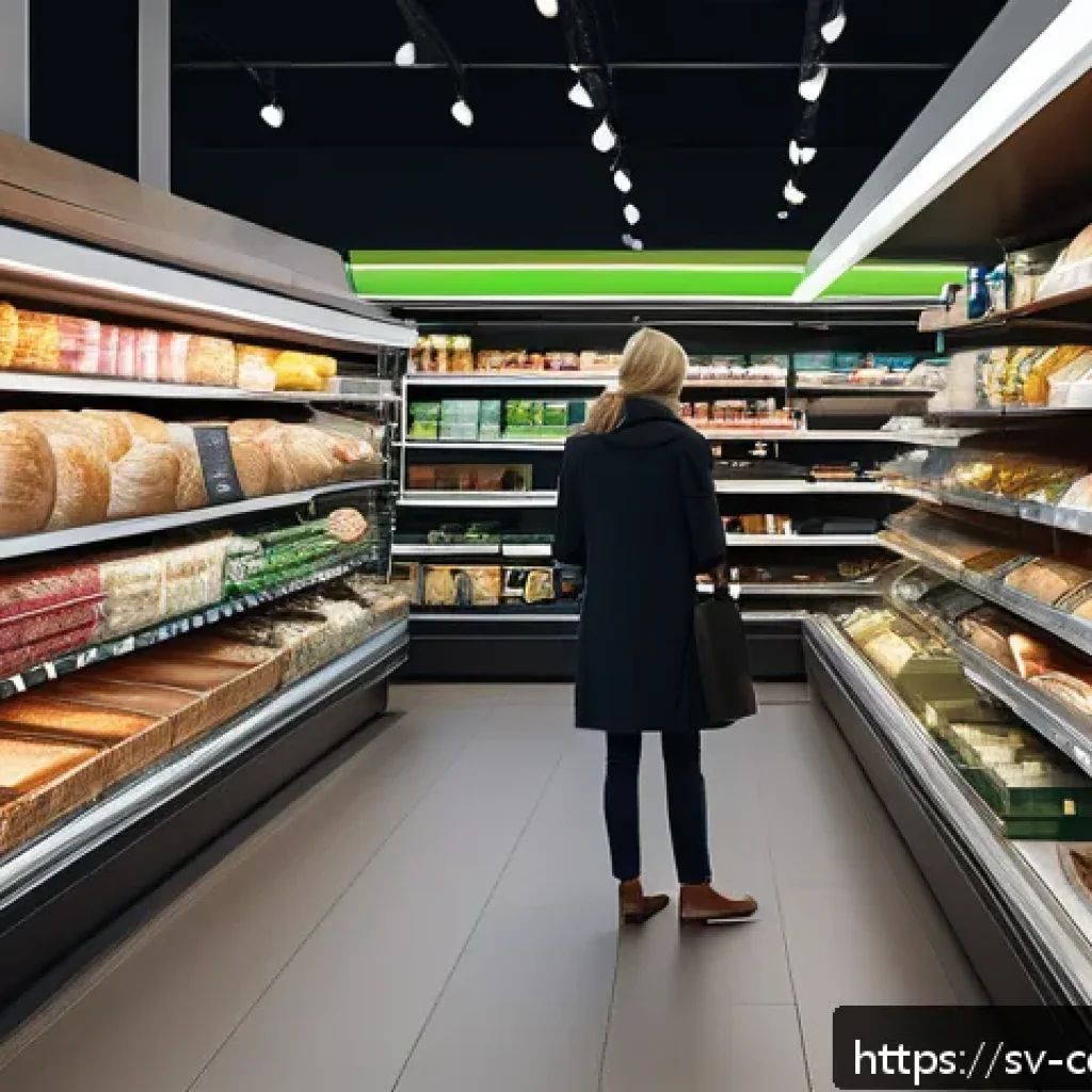 감정적 상호작용과 소비자 행동 - A stylish Swedish grocery store interior with vibrant, well-designed product packaging prominently d...