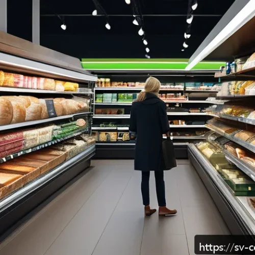 Home 32 감정적 상호작용과 소비자 행동 - A stylish Swedish grocery store interior with vibrant, well-designed product packaging prominently d...