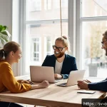 Home 19 브랜드 충성도와 감정의 역할 - A modern Scandinavian office scene showing a diverse group of professionals collaborating around a s...