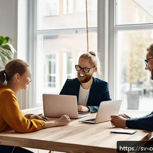 Home 31 브랜드 충성도와 감정의 역할 - A modern Scandinavian office scene showing a diverse group of professionals collaborating around a s...