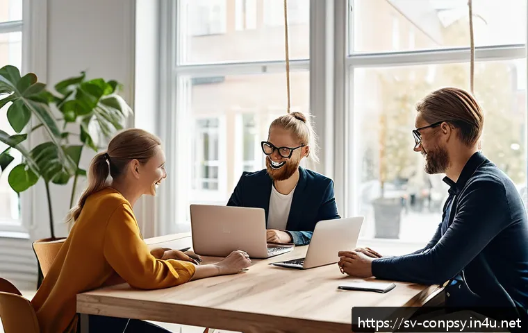 브랜드 충성도와 감정의 역할 - A modern Scandinavian office scene showing a diverse group of professionals collaborating around a s...
