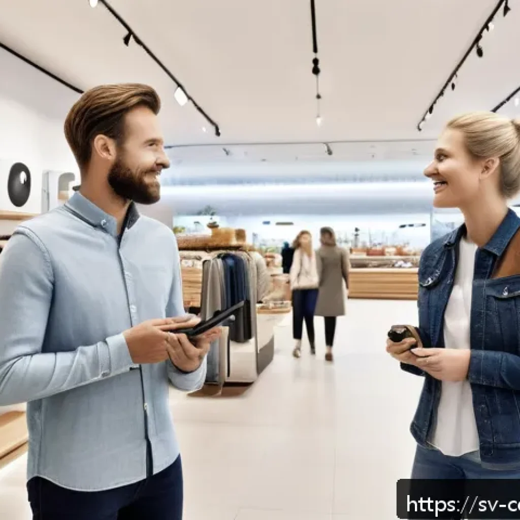 소비자 감정 예측 모델 - A modern Swedish retail store interior with diverse customers shopping, showing subtle facial expres...