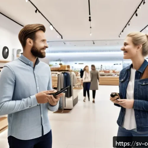 Home 30 소비자 감정 예측 모델 - A modern Swedish retail store interior with diverse customers shopping, showing subtle facial expres...