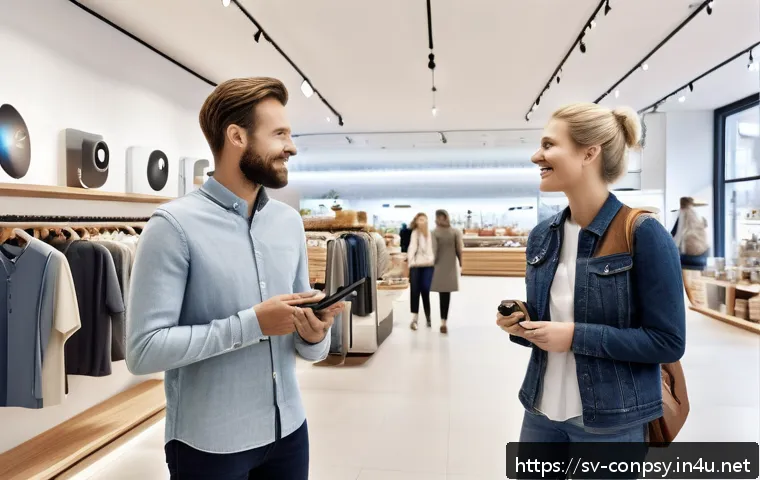 소비자 감정 예측 모델 - A modern Swedish retail store interior with diverse customers shopping, showing subtle facial expres...