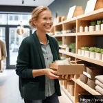 Home 23 감정적 소비 패턴 분석 - A cozy Swedish boutique interior scene showcasing a relaxed shopper in their mid-30s, casually dress...